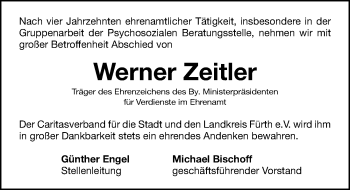 Traueranzeige von Werner Zeitler von Fürther Nachrichten Lokal