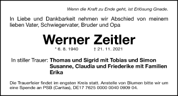 Traueranzeige von Werner Zeitler von Fürther Nachrichten Lokal