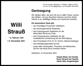 Traueranzeige von Willi Strauß von Altmühl-Bote Lokal