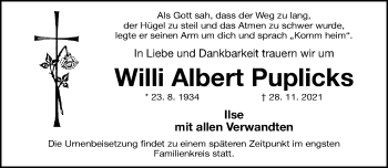 Traueranzeige von Willi Albert Puplicks von Erlanger Nachrichten Lokal