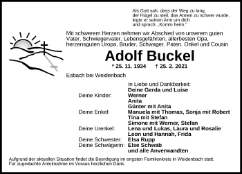 Traueranzeige von Adolf Buckel von Altmühl-Bote Lokal
