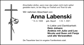 Traueranzeige von Anna Labenski von Gesamtausgabe Nürnberger Nachrichten/ Nürnberger Ztg.