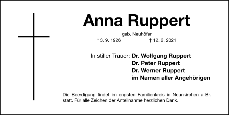  Traueranzeige für Anna Ruppert vom 15.02.2021 aus Erlanger Nachrichten Lokal