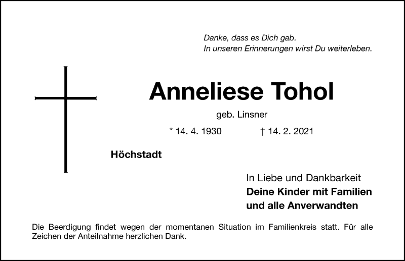  Traueranzeige für Anneliese Tohol vom 17.02.2021 aus Nordbayerische Nachrichten Herzogenaurach Lokal