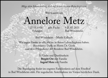 Traueranzeige von Annelore Metz von Windsheimer Zeitung Lokal