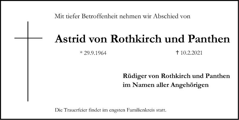  Traueranzeige für Astrid von Rothkirch und Panthen vom 20.02.2021 aus Erlanger Nachrichten Lokal