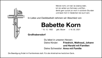 Traueranzeige von Babette Korn von Fürther Nachrichten Lokal