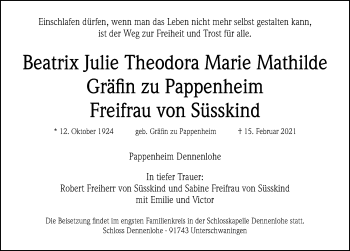 Traueranzeige von Beatrix Julie Theodora Marie Mathilde Gräfin zu Pappenheim Freifrau von Süsskind von Gesamtausgabe Nürnberger Nachrichten/ Nürnberger Ztg.