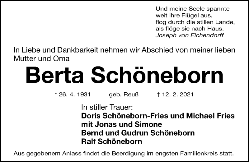  Traueranzeige für Berta Schöneborn vom 17.02.2021 aus Gesamtausgabe Nürnberger Nachrichten/ Nürnberger Ztg.