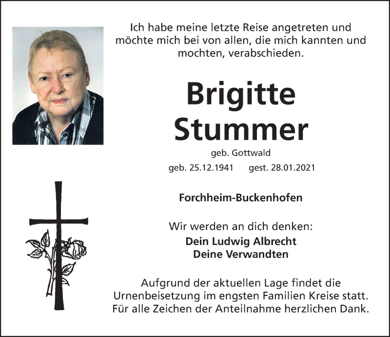  Traueranzeige für Brigitte Stummer vom 13.02.2021 aus Nordbayerische Nachrichten Forchheim Lokal