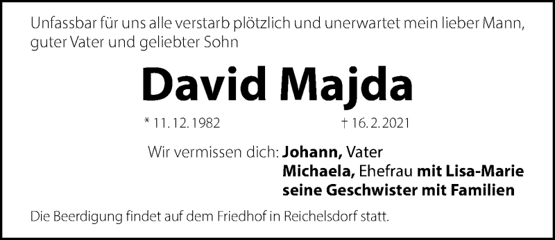  Traueranzeige für David Majda vom 20.02.2021 aus Gesamtausgabe Nürnberger Nachrichten/ Nürnberger Ztg.