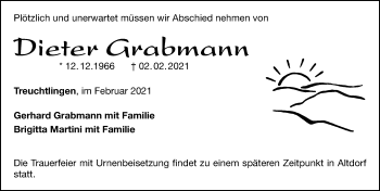 Traueranzeige von Dieter Grabmann von Weißenburger Tagblatt u.Treuchtlinger Kurier Lokal