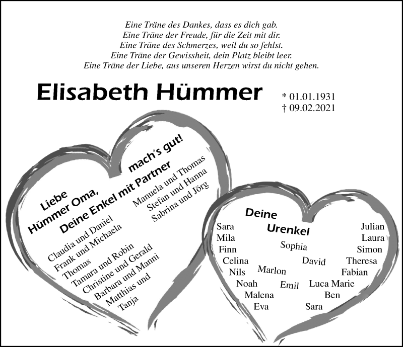  Traueranzeige für Elisabeth Hümmer vom 13.02.2021 aus Nordbayerische Nachrichten Pegnitz Lokal