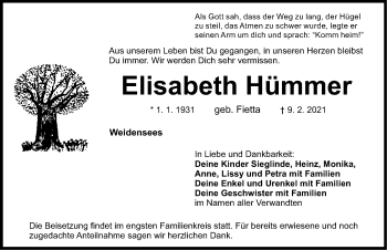 Traueranzeige von Elisabeth Hümmer von Nordbayerische Nachrichten Pegnitz Lokal