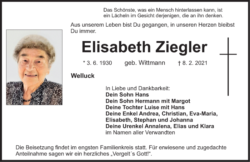 Traueranzeigen von Elisabeth Ziegler | trauer.nn.de