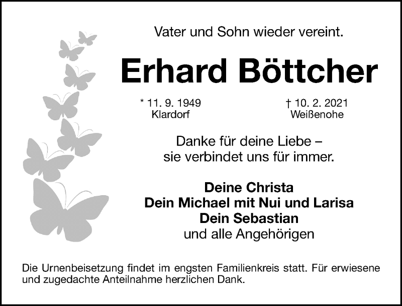  Traueranzeige für Erhard Böttcher vom 17.02.2021 aus Gesamtausgabe Nürnberger Nachrichten/ Nürnberger Ztg.