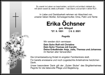 Traueranzeige von Erika Öchsner von Nordbayerische Nachrichten Pegnitz Lokal