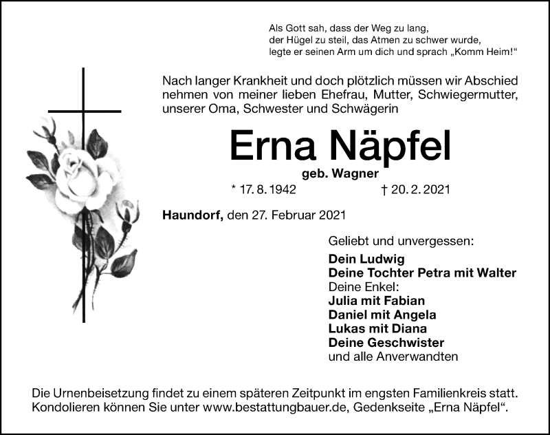  Traueranzeige für Erna Näpfel vom 27.02.2021 aus Altmühl-Bote Lokal