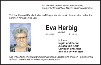 Traueranzeige von Eva Herbig von Nordbayerische Nachrichten Herzogenaurach Lokal