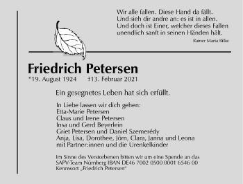 Traueranzeige von Friedrich Petersen von Gesamtausgabe Nürnberger Nachrichten/ Nürnberger Ztg.