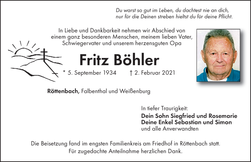  Traueranzeige für Fritz Böhler vom 13.02.2021 aus Roth-Hilpoltsteiner Volkszeitung Lokal