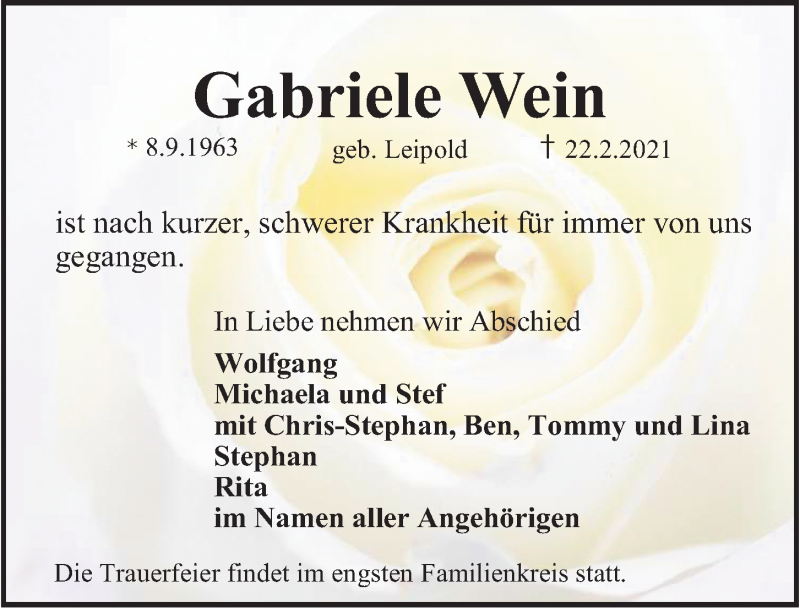  Traueranzeige für Gabriele Wein vom 27.02.2021 aus Nordbayerische Nachrichten Herzogenaurach Lokal