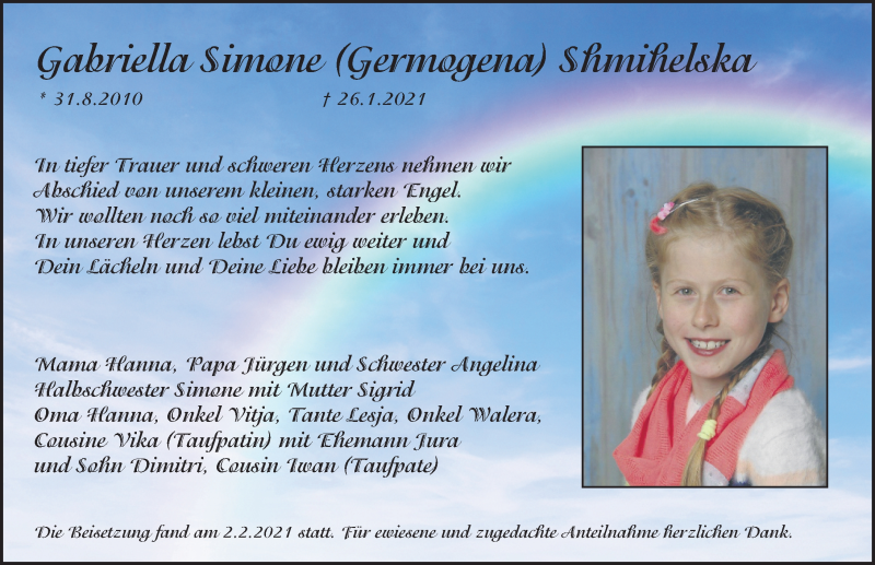  Traueranzeige für Gabriella Simone Shmihelska vom 06.02.2021 aus Schwabacher Tagblatt Lokal