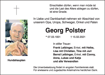 Traueranzeige von Georg Polster von Nordbayerische Nachrichten Forchheim Lokal