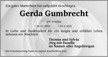 Traueranzeige von Gerda Gumbrecht von Gesamtausgabe Nürnberger Nachrichten/ Nürnberger Ztg.