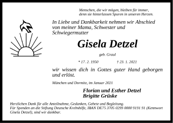 Traueranzeige von Gisela Detzel von Gesamtausgabe Nürnberger Nachrichten/ Nürnberger Ztg.