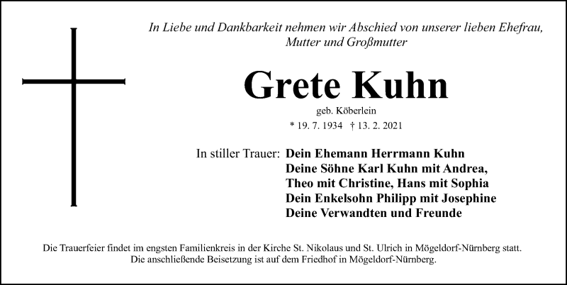  Traueranzeige für Grete Kuhn vom 17.02.2021 aus Gesamtausgabe Nürnberger Nachrichten/ Nürnberger Ztg.