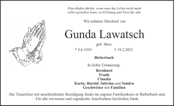 Traueranzeige von Gunda Lawatsch von Nordbayerische Nachrichten Forchheim Lokal