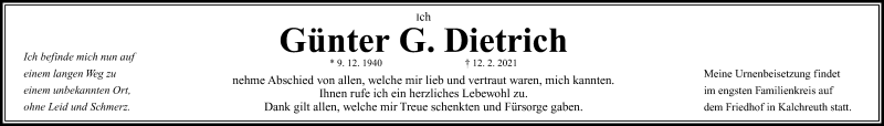  Traueranzeige für Günter Dietrich vom 20.02.2021 aus Gesamtausgabe Nürnberger Nachrichten/ Nürnberger Ztg.