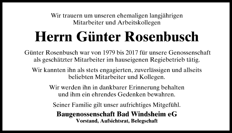  Traueranzeige für Günter Rosenbusch vom 16.02.2021 aus Windsheimer Zeitung Lokal