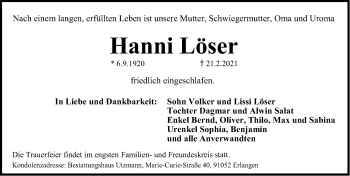 Traueranzeige von Hanni Löser von Gesamtausgabe Nürnberger Nachrichten/ Nürnberger Ztg./ Erlanger Nachrichten