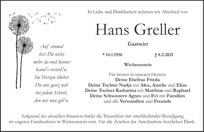  Traueranzeige für Hans Greller vom 10.02.2021 aus Nordbayerische Nachrichten Forchheim Lokal