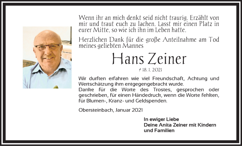  Traueranzeige für Hans Zeiner vom 03.02.2021 aus Gesamtausgabe Nürnberger Nachrichten/ Nürnberger Ztg.