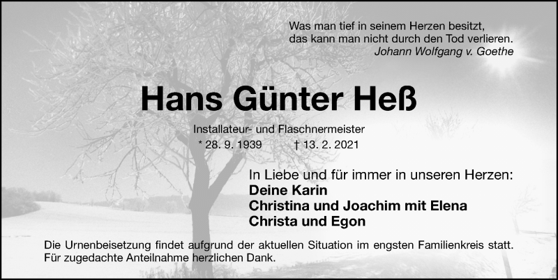  Traueranzeige für Hans Günter Heß vom 17.02.2021 aus Gesamtausgabe Nürnberger Nachrichten/ Nürnberger Ztg.