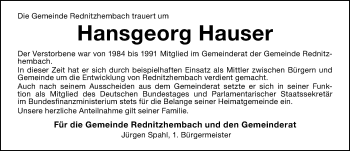 Traueranzeige von Hansgeorg Hauser von Schwabacher Tagblatt Lokal