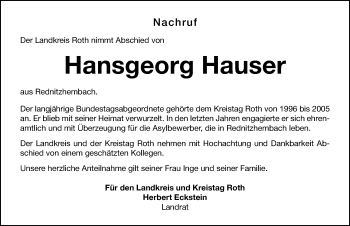Traueranzeige von Hansgeorg Hauser von Roth-Hilpoltsteiner Volkszeitung/ Schwabach