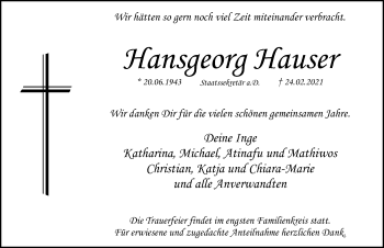 Traueranzeige von Hansgeorg Hauser von Gesamtausgabe Nürnberger Nachrichten/ Nürnberger Ztg.
