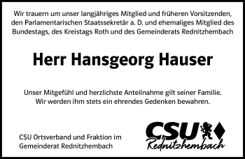 Traueranzeige von Hansgeorg Hauser von Schwabacher Tagblatt Lokal