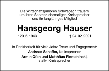 Traueranzeige von Hansgeorg Hauser von Schwabacher Tagblatt Lokal