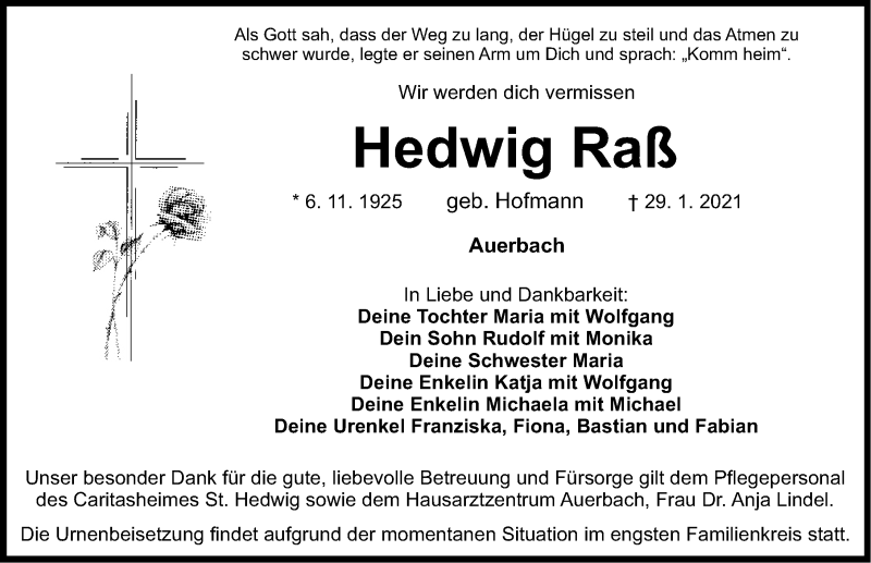  Traueranzeige für Hedwig Raß vom 06.02.2021 aus Nordbayerische Nachrichten Pegnitz Lokal