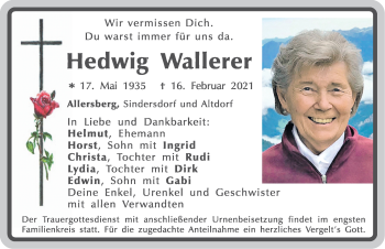 Traueranzeige von Hedwig Wallerer von Roth-Hilpoltsteiner Volkszeitung Lokal