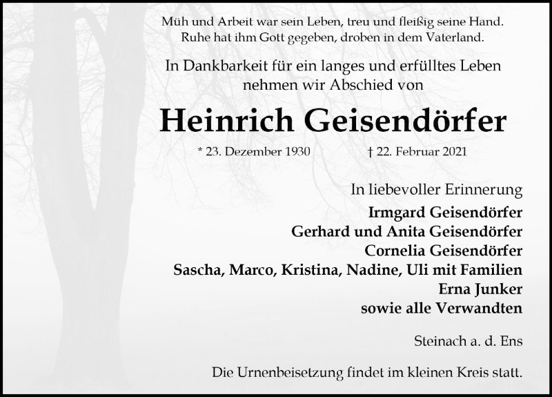  Traueranzeige für Heinrich Geisendörfer vom 26.02.2021 aus Windsheimer Zeitung Lokal