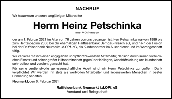 Traueranzeige von Heinz Petschinka von Neumarkter Nachrichten Lokal