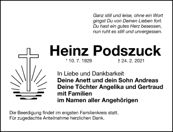 Traueranzeige von Heinz Podszuck von Fürther Nachrichten Lokal