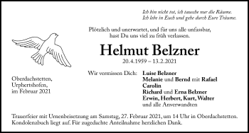 Traueranzeige von Helmut Belzner von Windsheimer Zeitung Lokal