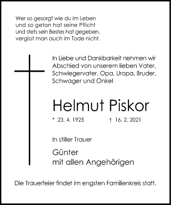 Traueranzeige von Helmut Piskor von Gesamtausgabe Nürnberger Nachrichten/ Nürnberger Ztg.